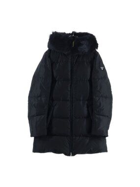 Prada Triangle Logo Plate Sheep Fur Nylon Long Down Coat Black